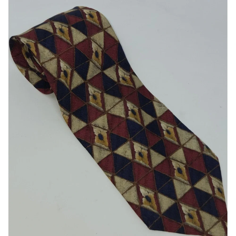Ermenegildo Zegna Men's Blue Tan & Maroon Geometric 100% Silk‎ Neck Tie Italy